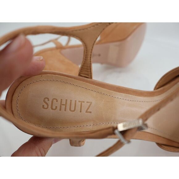 Schutz Nubuck Keefa Platform Sandals Chunky Heel Size 11B Tan Beige Ankle Strap - Picture 12 of 13